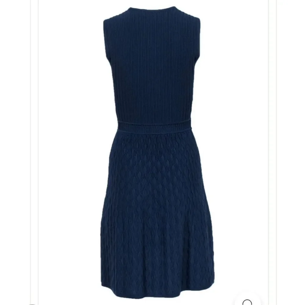 Tory Burch L LIAM Navy Knit Fit-and-Flare Textured Sleeves Dress